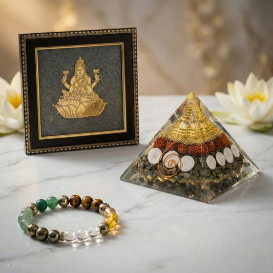 Laxmi Dhanyog Combo (Money Magnet Pyramid + Dhanyog Bracelet + Laxmi Pyrite Frame)